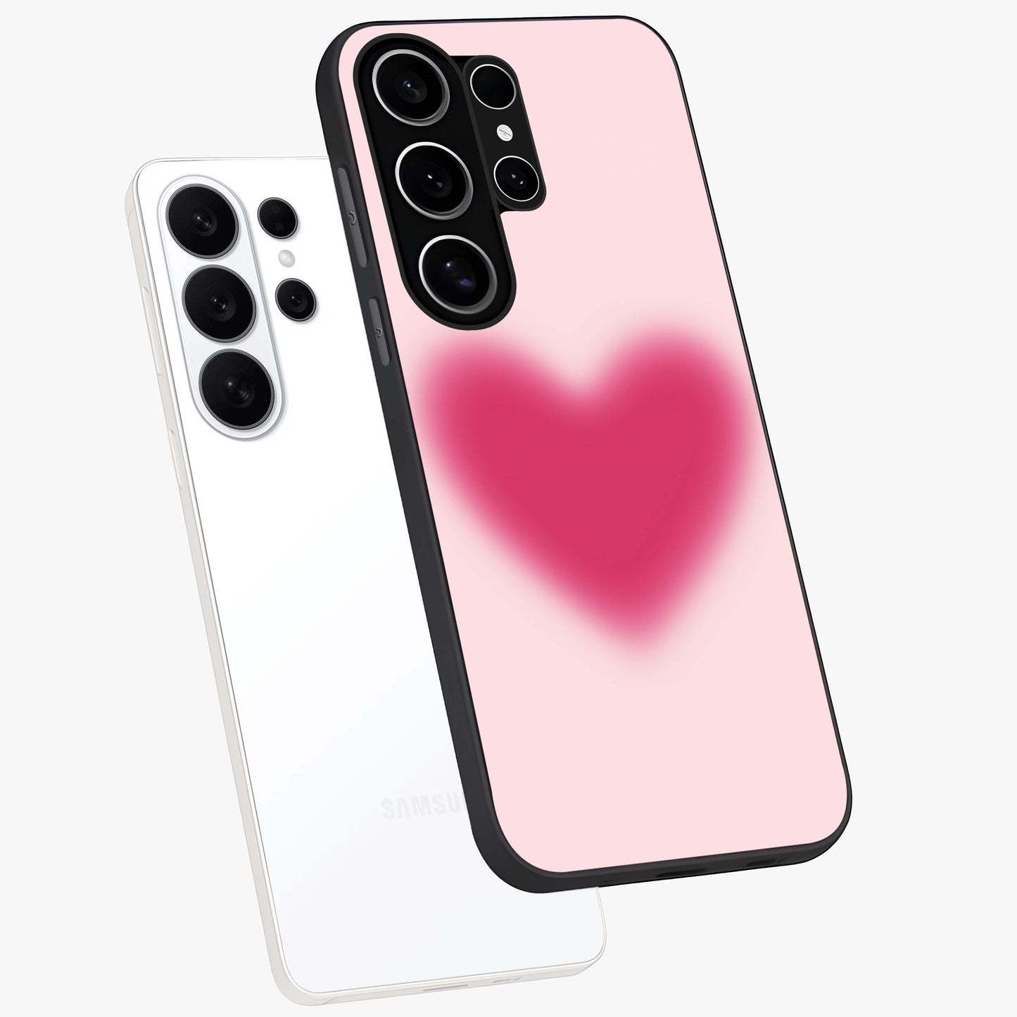 Pink Aura Heart Glass Case displayed in angled mockup highlighting vibrant pink heart design with dreamy aura aesthetic.