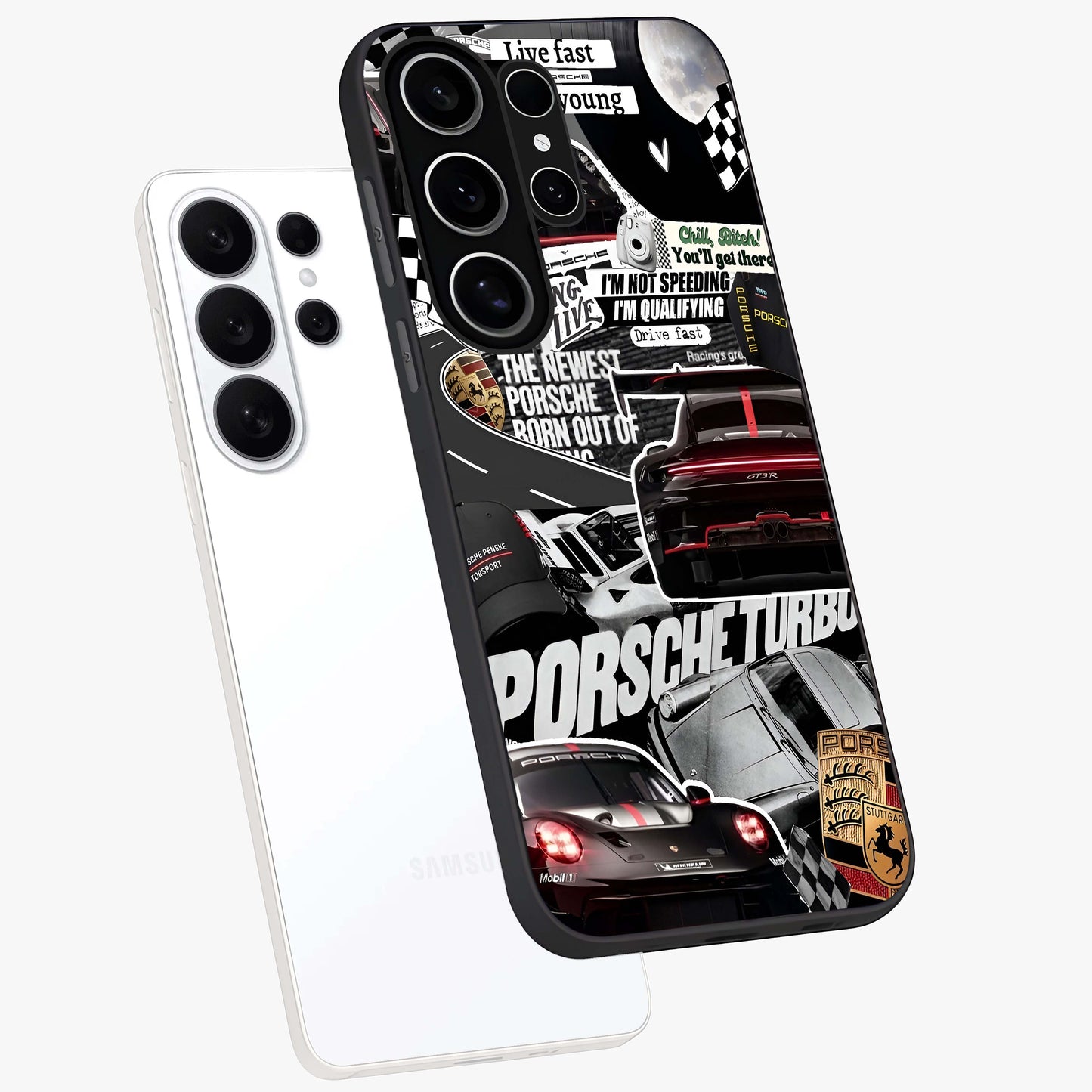 Porsche Racing Collage Glass Case displayed in angled mockup highlighting dynamic automotive design with bold racing aesthetic.