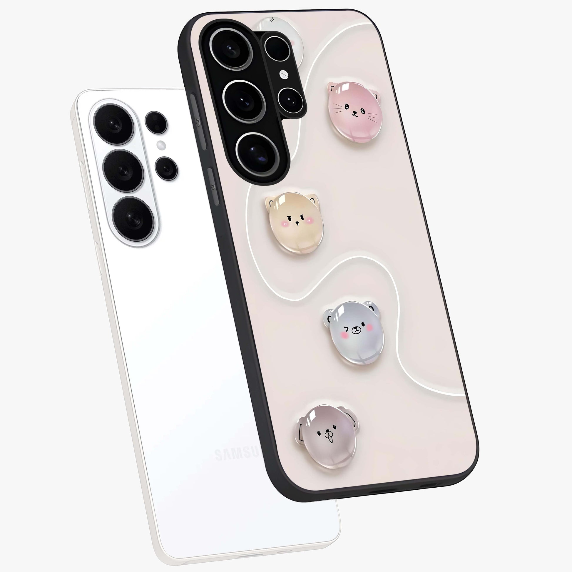 Puffy Face Parade Glass Case displayed in angled mockup highlighting playful cartoon face design with fun aesthetic.