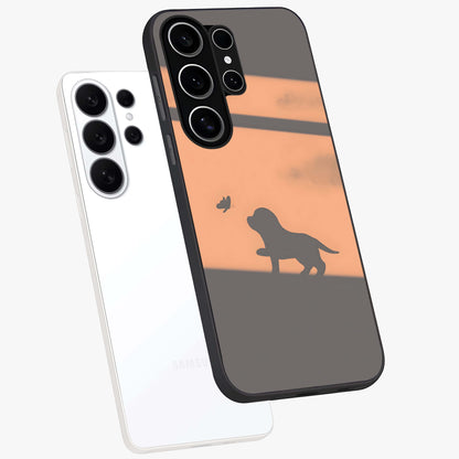 Puppy Shadow Art Glass Case displayed in angled mockup highlighting playful dog illustration with artistic shadow aesthetic.