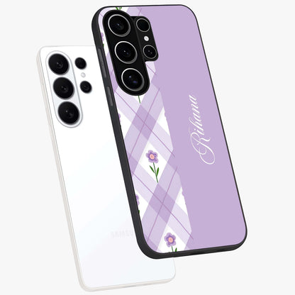 Purple Diamond Floral Glass Case displayed in angled mockup highlighting elegant purple flower design with decorative pattern.