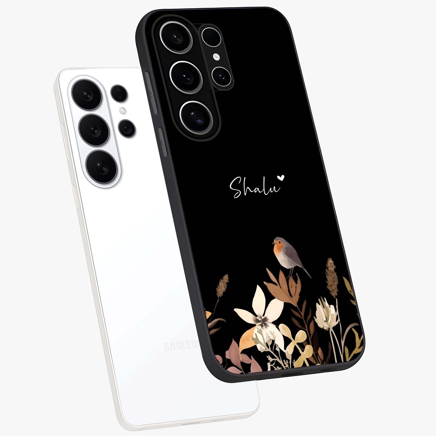 Quiet Garden Tune Custom Name Glass Case displayed in angled mockup highlighting delicate floral garden design with custom name feature.