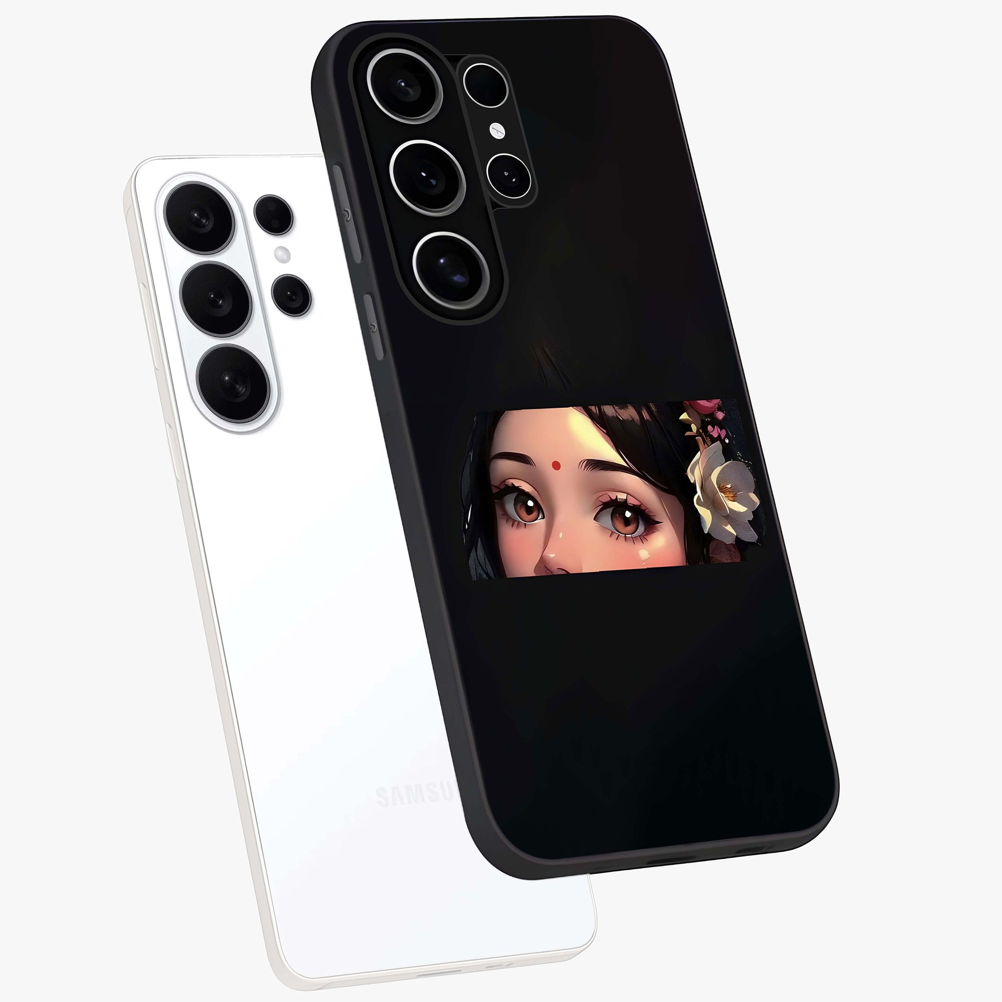 Radha Divine Embrace Glass Case displayed in angled mockup highlighting graceful spiritual illustration with divine aesthetic.