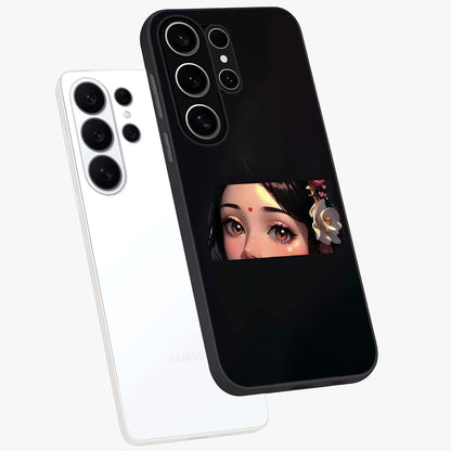 Radha Divine Embrace Glass Case displayed in angled mockup highlighting graceful spiritual illustration with divine aesthetic.