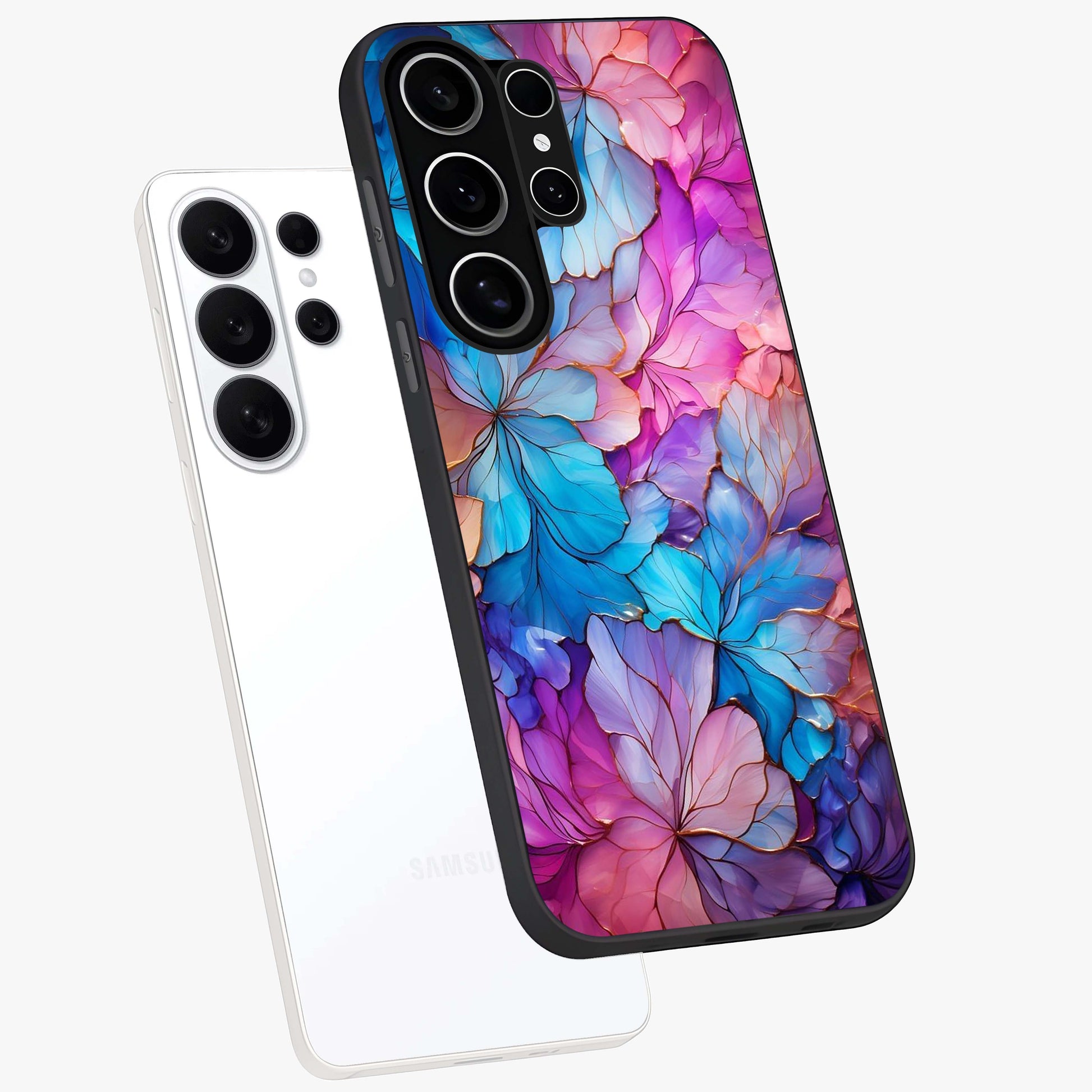 Radiant Floral Whirl Glass Case displayed in angled mockup highlighting vibrant flower pattern with dynamic artistic aesthetic.