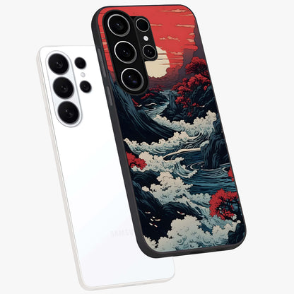 Red Sunset Scenery Glass Case displayed in angled mockup highlighting glowing sunset sky design with scenic aesthetic.