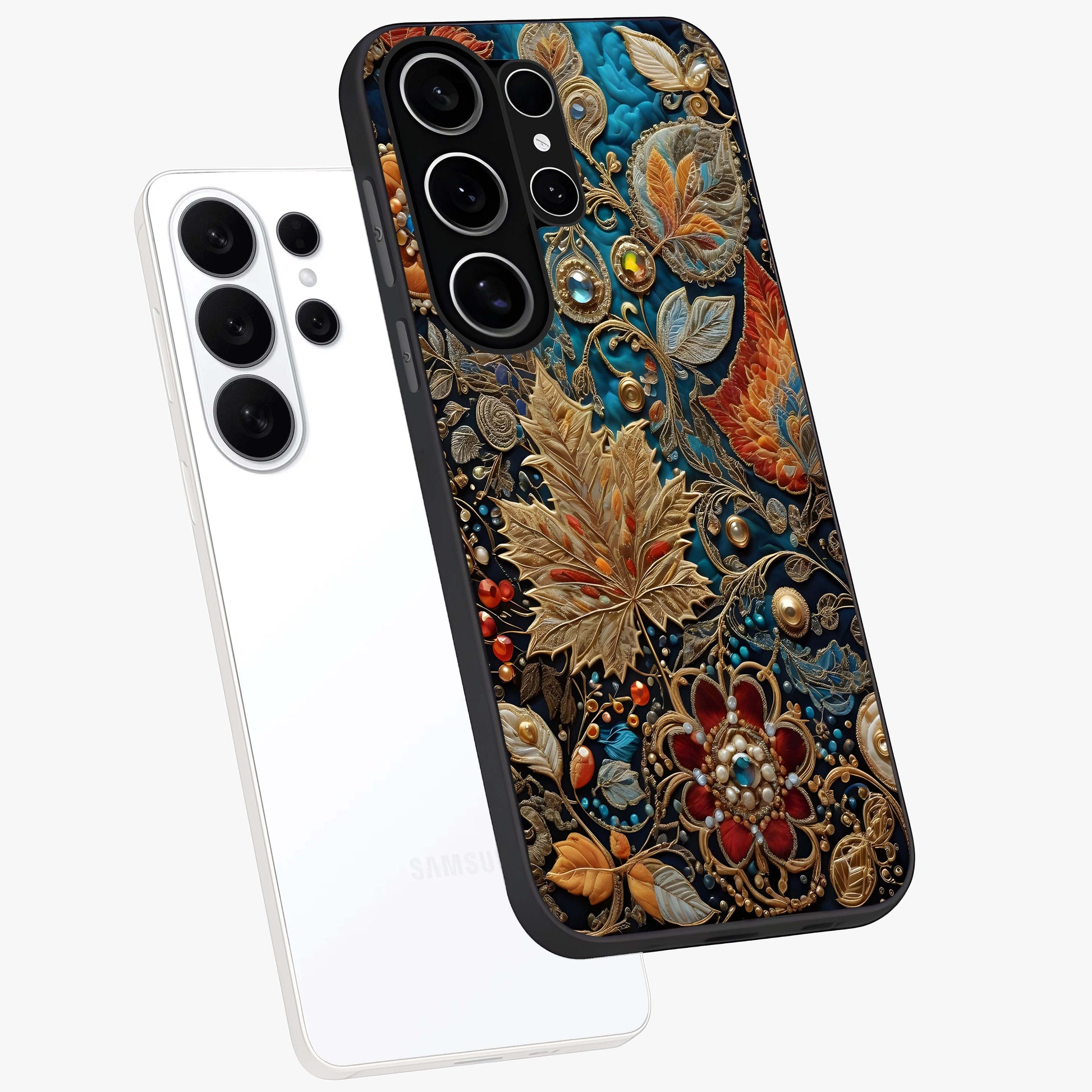 Royal Jewel Garden Glass Case displayed in angled mockup highlighting vibrant jewel inspired floral design with elegant aesthetic.