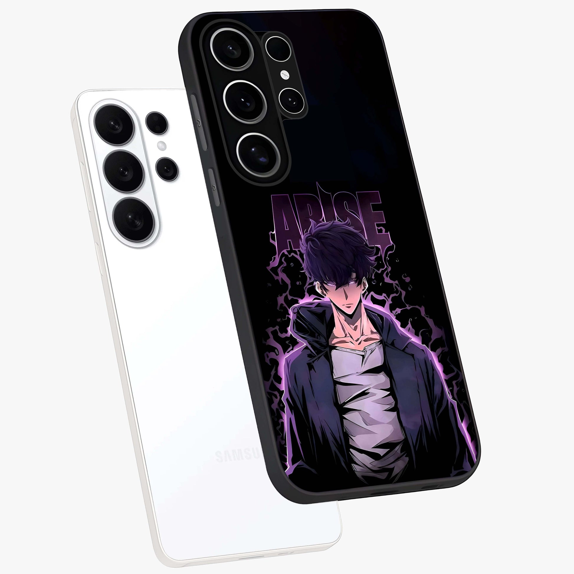 Shadow Monarch Awakening Glass Case displayed in angled mockup highlighting dramatic shadow warrior design with fantasy aesthetic.