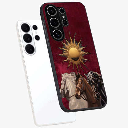Solar Riders Glass Case displayed in angled mockup highlighting powerful rider illustration with radiant solar aesthetic.