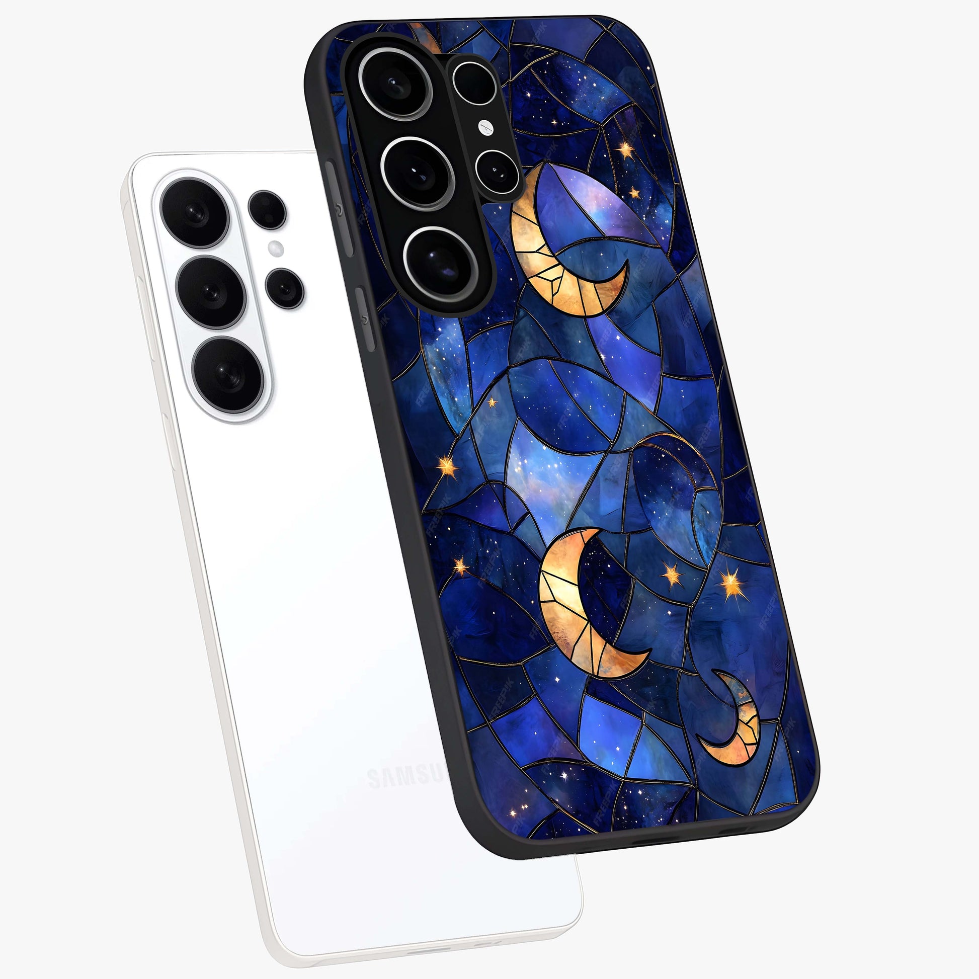 Starlit Sky Tapestry Glass Case displayed in angled mockup highlighting celestial night pattern with artistic aesthetic style.