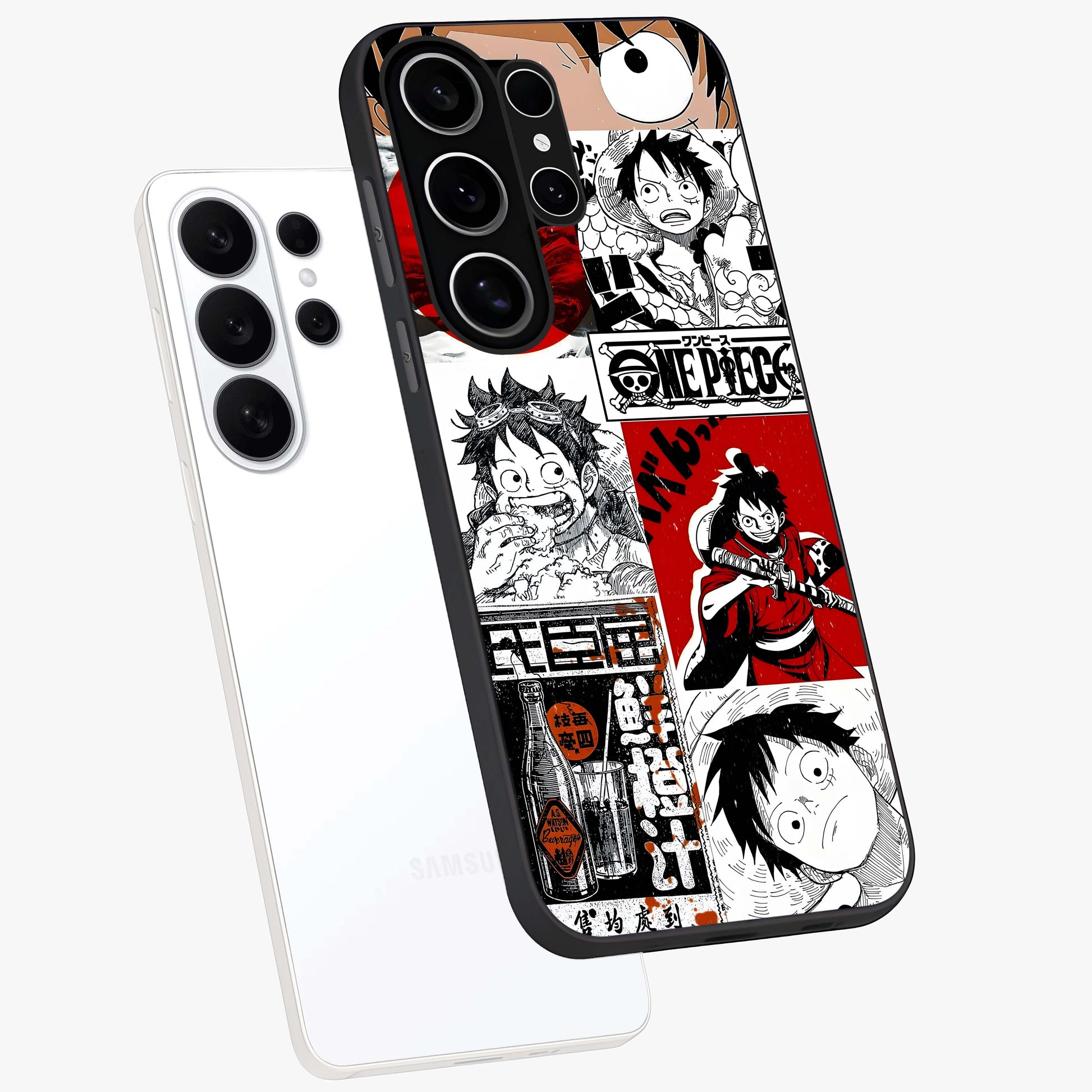 Strawhat Chaos Panels Glass Case displayed in angled mockup highlighting vibrant anime collage design with action aesthetic.