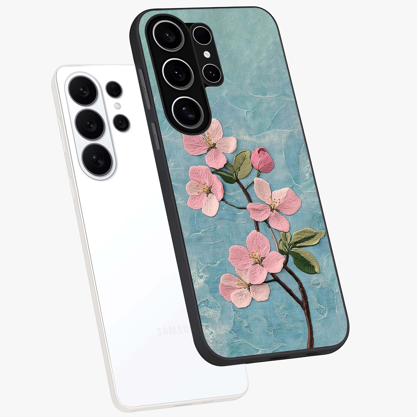 Threaded Blossom Breeze Glass Case displayed in angled mockup highlighting elegant floral design with soft aesthetic style.