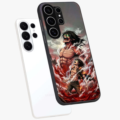 Titan Awakening Fury Glass Case displayed in angled mockup highlighting dramatic giant warrior design with bold anime aesthetic.
