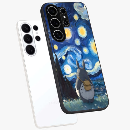 Totoro In Van Gogh Art Glass Case displayed in angled mockup highlighting artistic swirling sky design with playful animation aesthetic.