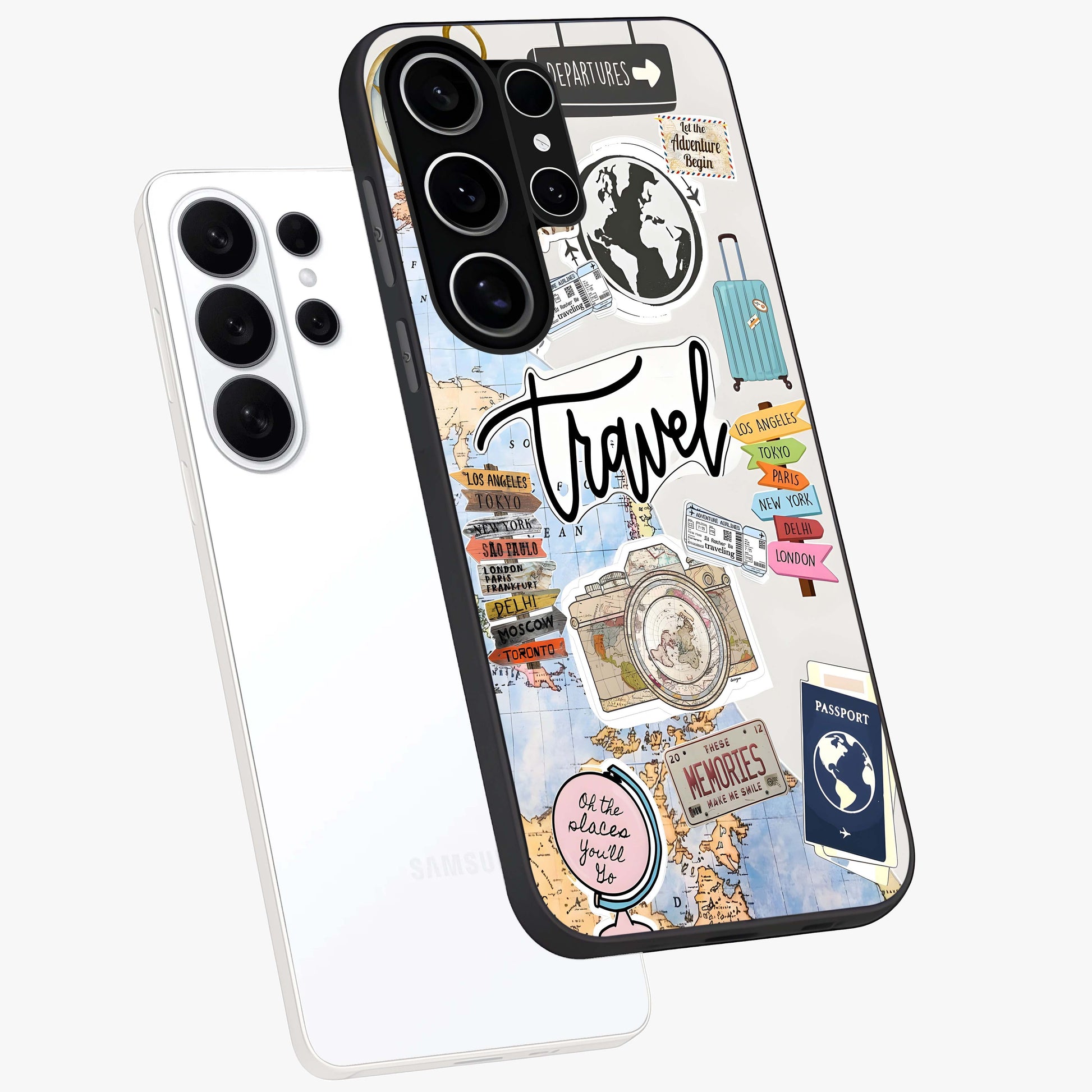 Wanderlust Journal Glass Case displayed in angled mockup highlighting adventure themed design with aesthetic travel vibe.