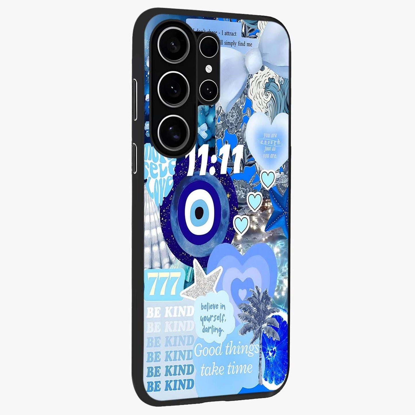 Aesthetic Be Kind Eye Glass Case upright view showcasing stylish eye illustration with positive message theme.