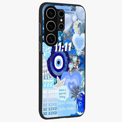 Aesthetic Be Kind Eye Glass Case upright view showcasing stylish eye illustration with positive message theme.