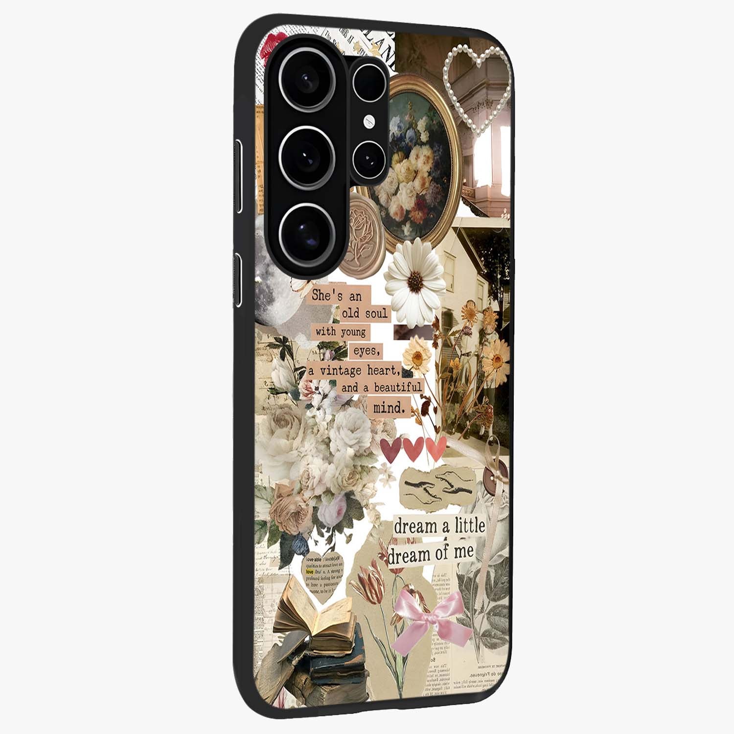 Aesthetic Brown Vintage Collage Glass Case upright view showcasing nostalgic retro artwork with stylish vintage theme.