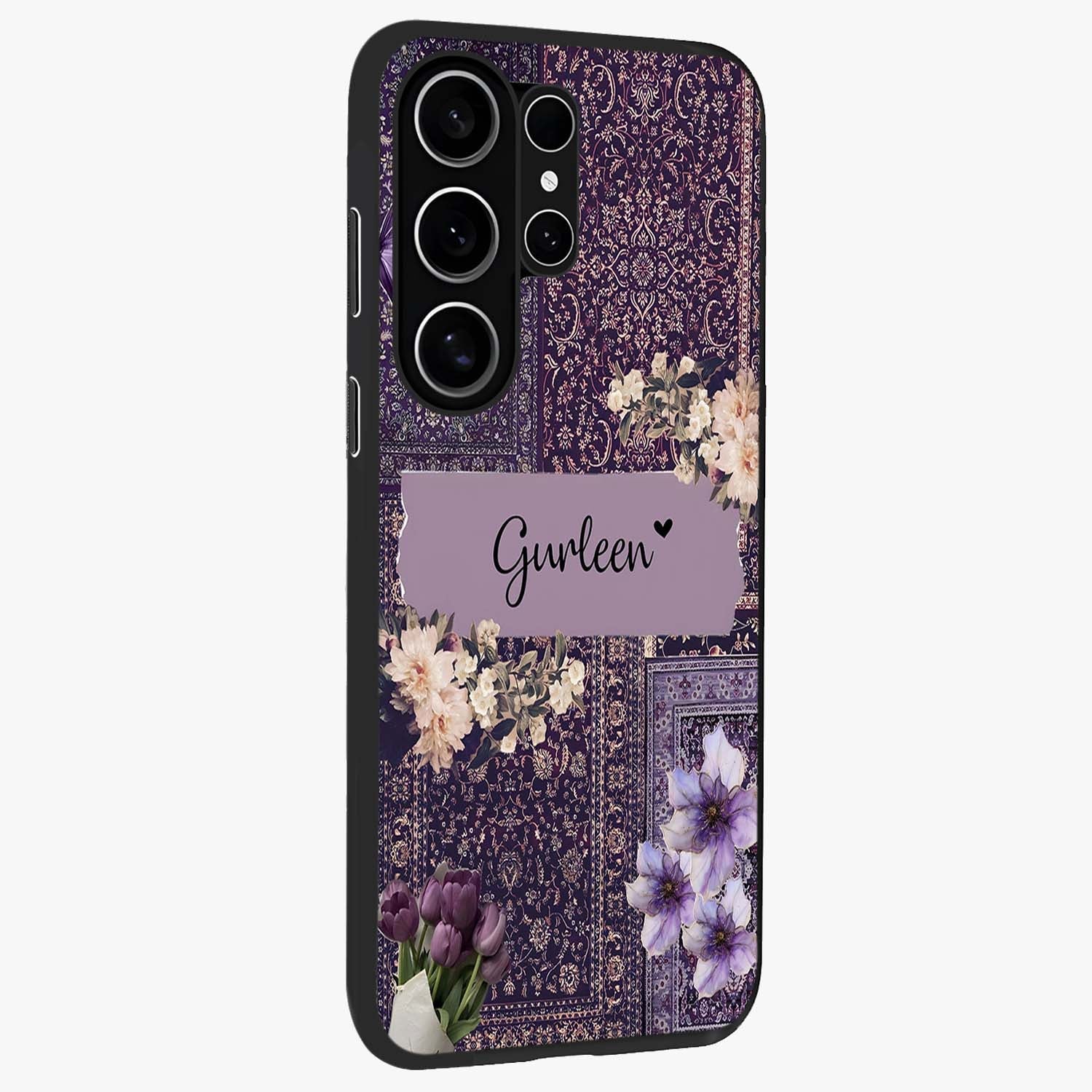 Antique Floral Whisper Custom Name Glass Case upright view showcasing delicate floral artwork with custom name feature.