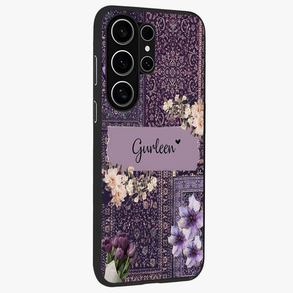Antique Floral Whisper Custom Name Glass Case upright view showcasing delicate floral artwork with custom name feature.