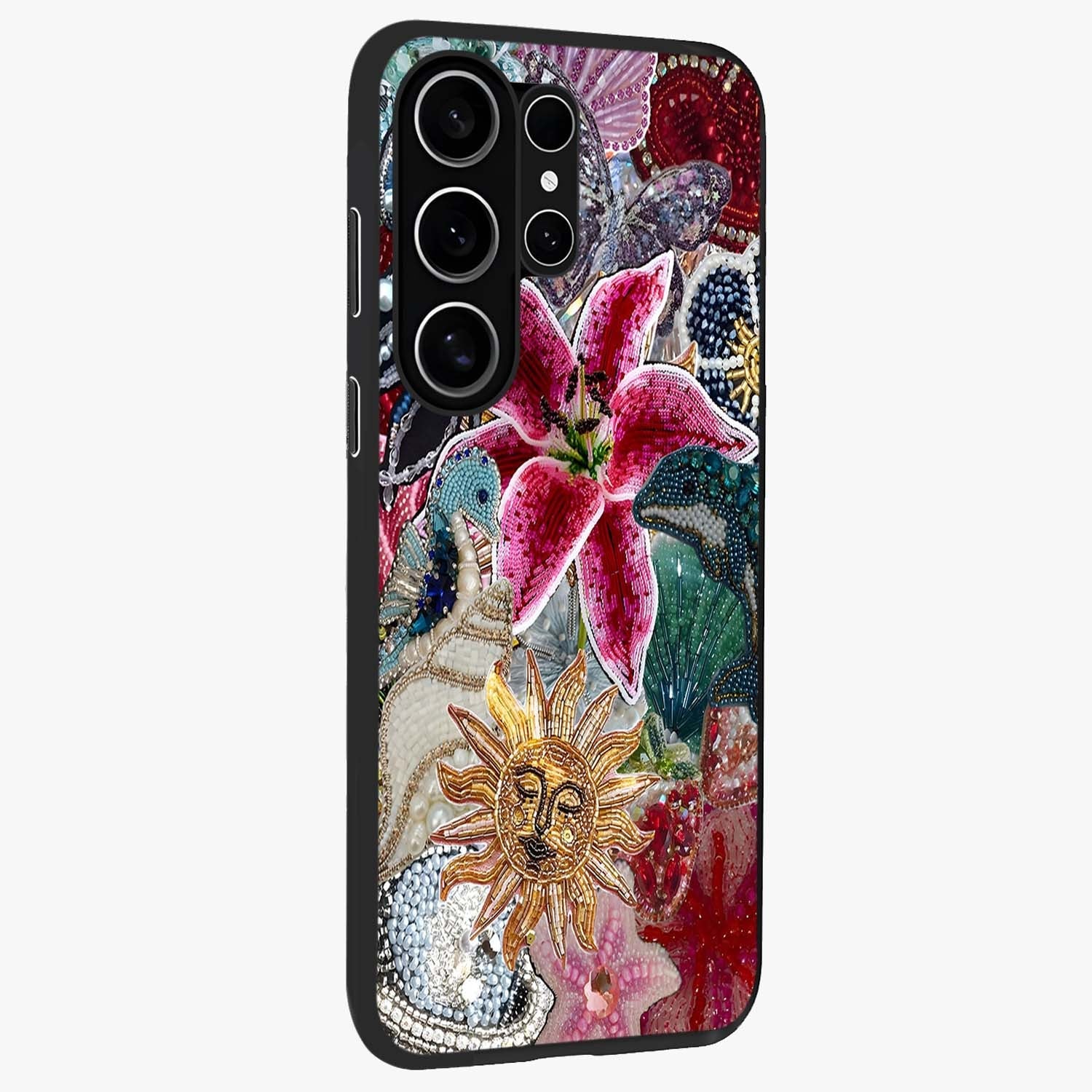 Beaded Garden Fantasy Glass Case upright view showcasing whimsical garden aesthetic with artistic bead details.