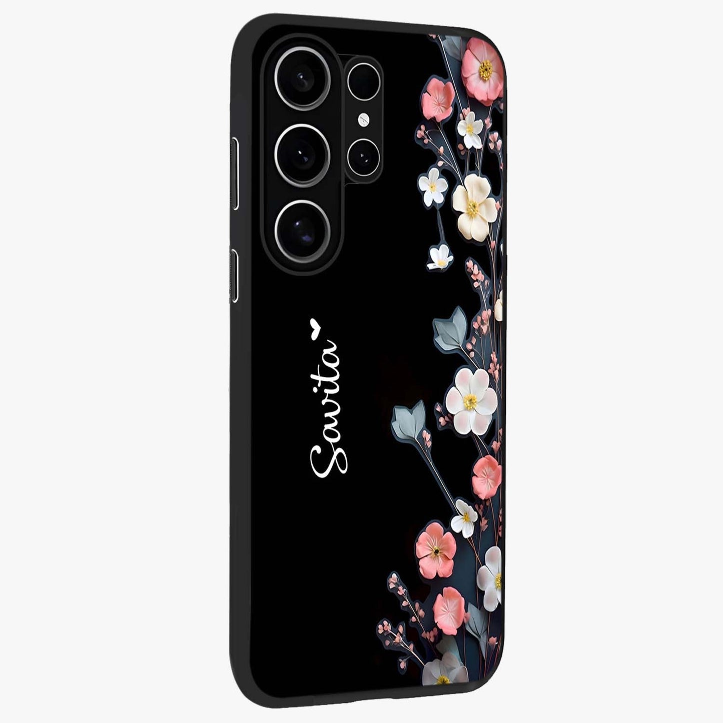 Black Elegance Floral Custom Name Glass Case upright view showcasing luxurious black floral design with personalized name detail.
