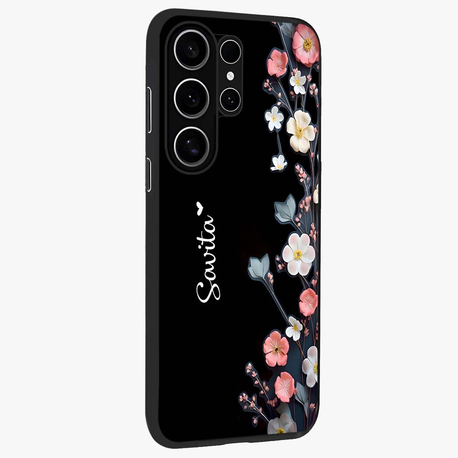Black Elegance Floral Custom Name Glass Case upright view showcasing luxurious black floral design with personalized name detail.