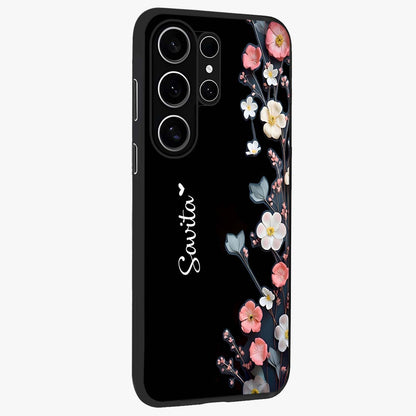 Black Elegance Floral Custom Name Glass Case upright view showcasing luxurious black floral design with personalized name detail.