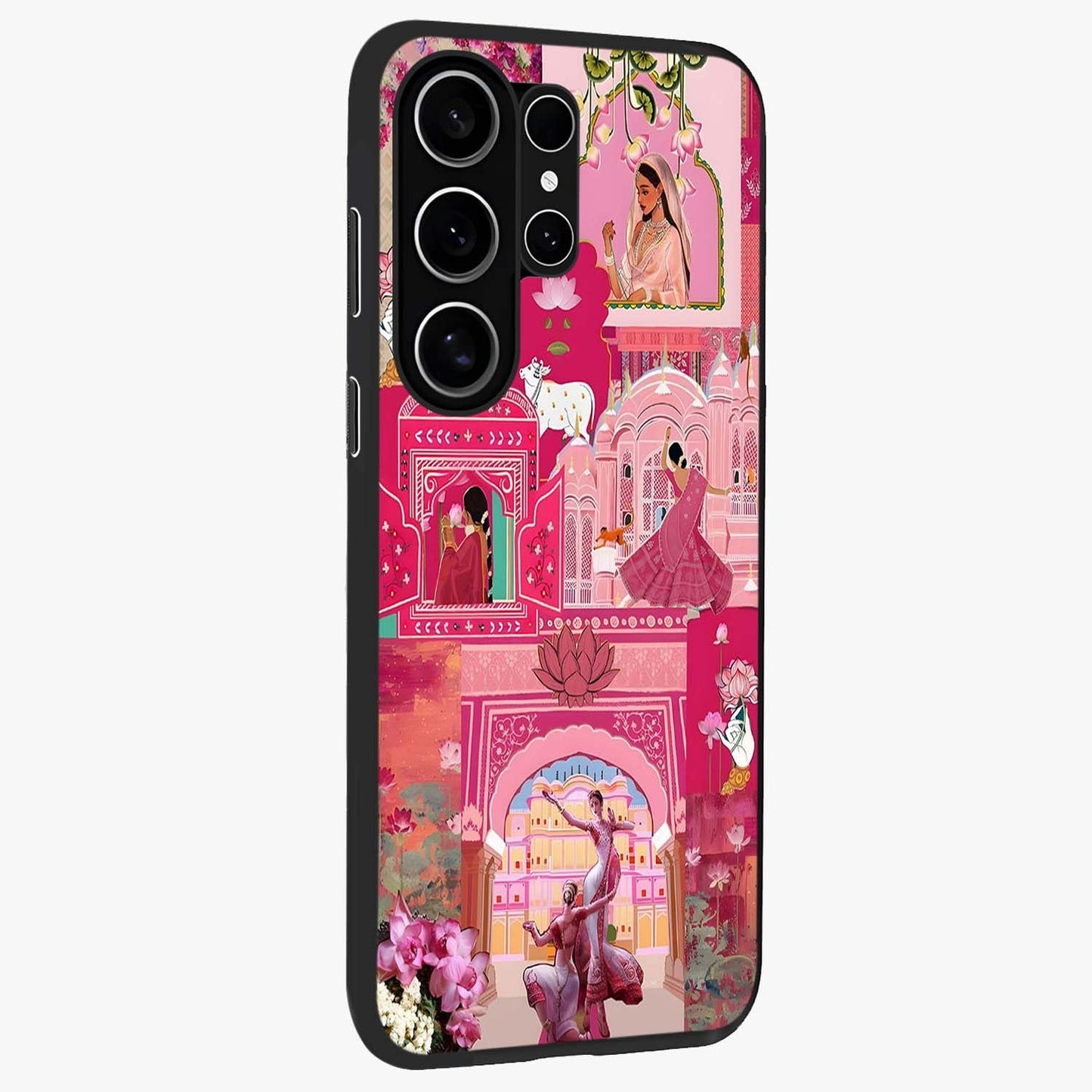 Blossoms of Rajasthan Glass Case upright view showcasing colorful floral design inspired by traditional Indian art.