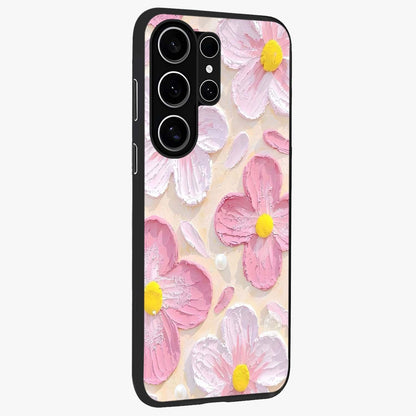 Blush Bloom Texture Glass Case upright view showcasing delicate blush floral texture with modern minimal style.