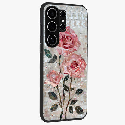 Blush Mosaic Bloom Glass Case upright view showcasing decorative floral mosaic artwork with stylish modern aesthetic.