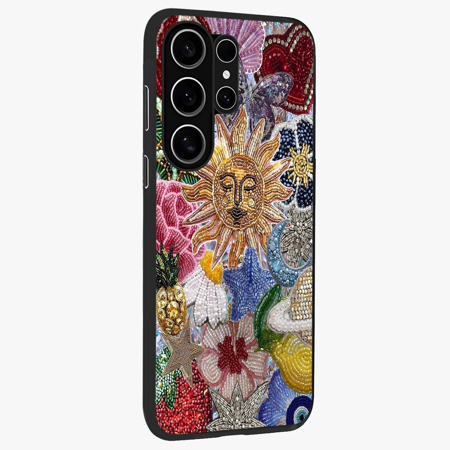 Celestial Floral and Playful Glass Case upright view showcasing whimsical floral artwork with cosmic aesthetic theme.