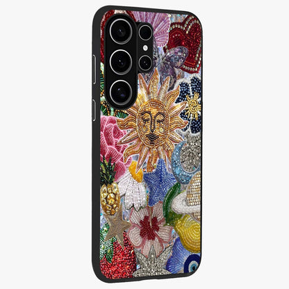 Celestial Floral and Playful Glass Case upright view showcasing whimsical floral artwork with cosmic aesthetic theme.