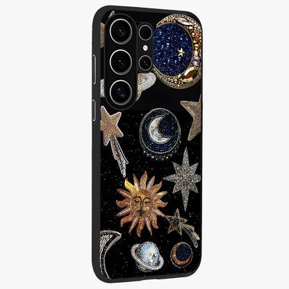 Celestial Gem Constellations Glass Case upright view showcasing cosmic constellation artwork with celestial aesthetic style.