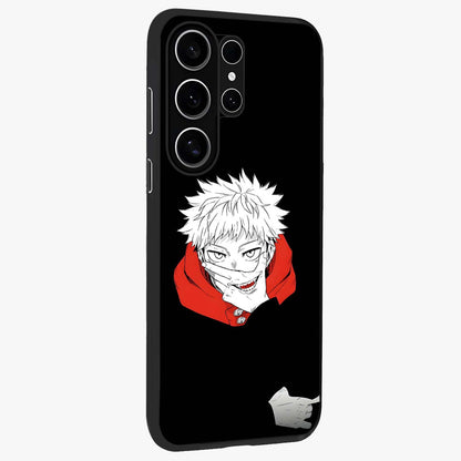 Crimson Chaos Smile Glass Case upright view showcasing expressive chaotic artwork with striking visual theme.
