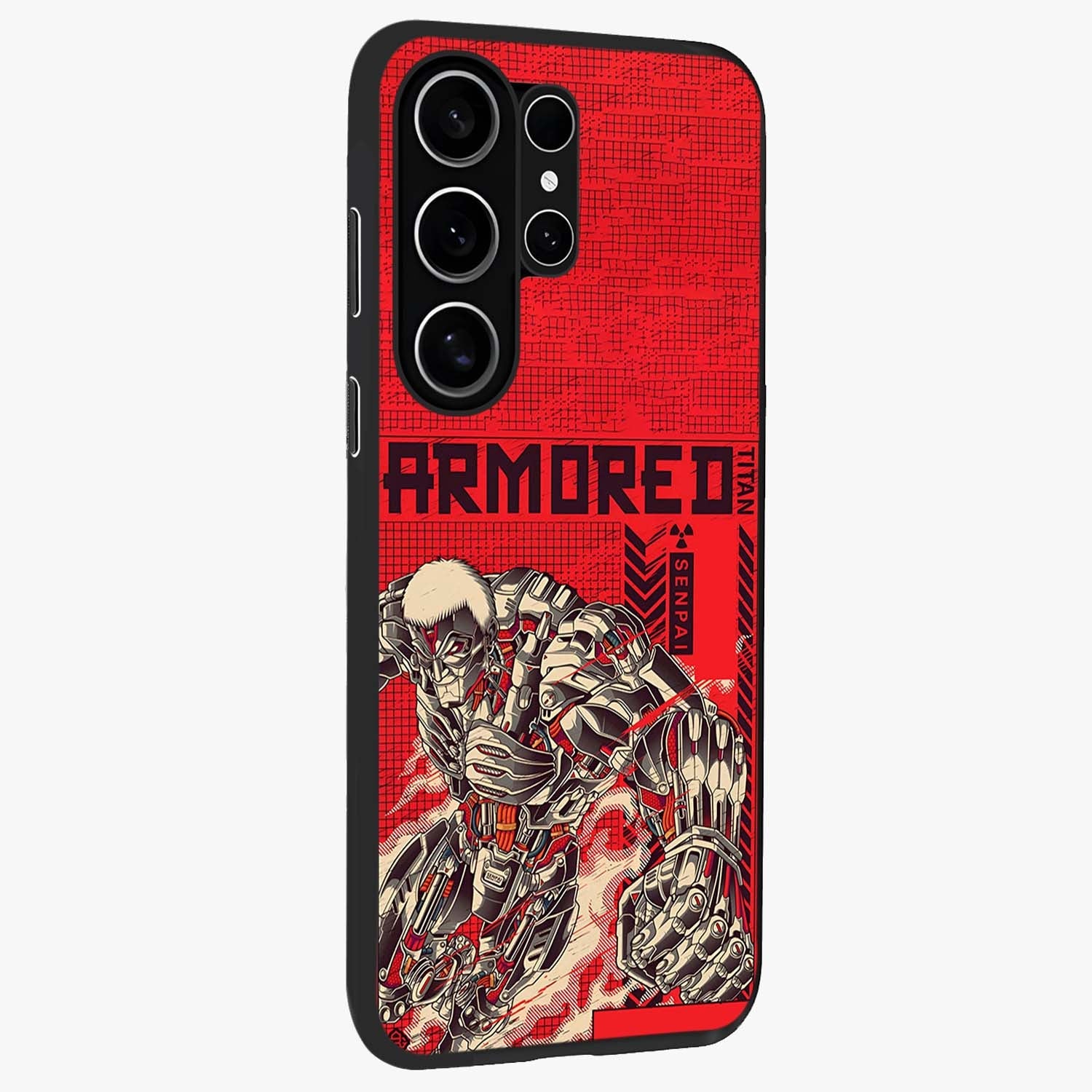 Crimson Mecha Titan Glass Case upright view showcasing dynamic robotic titan design with sci-fi inspired theme.