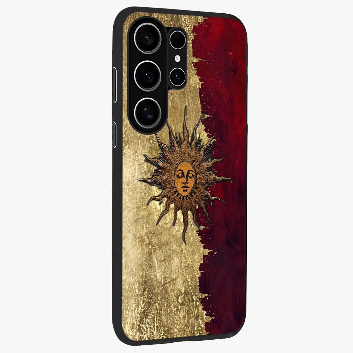 Crimson Sun Majesty Glass Case upright view showcasing vibrant sun artwork with powerful celestial theme.