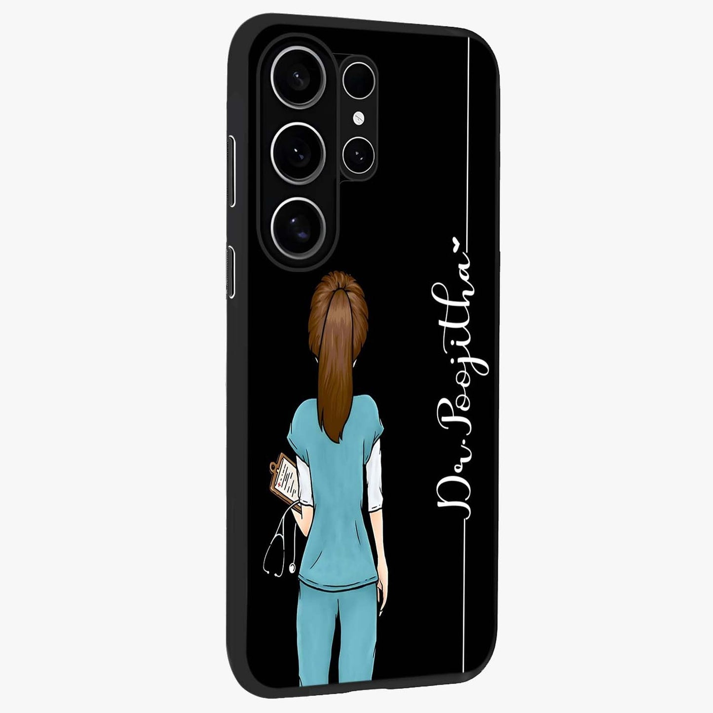Doctor Pattern Custom Name Glass Case upright view showcasing healthcare themed design with personalized aesthetic.