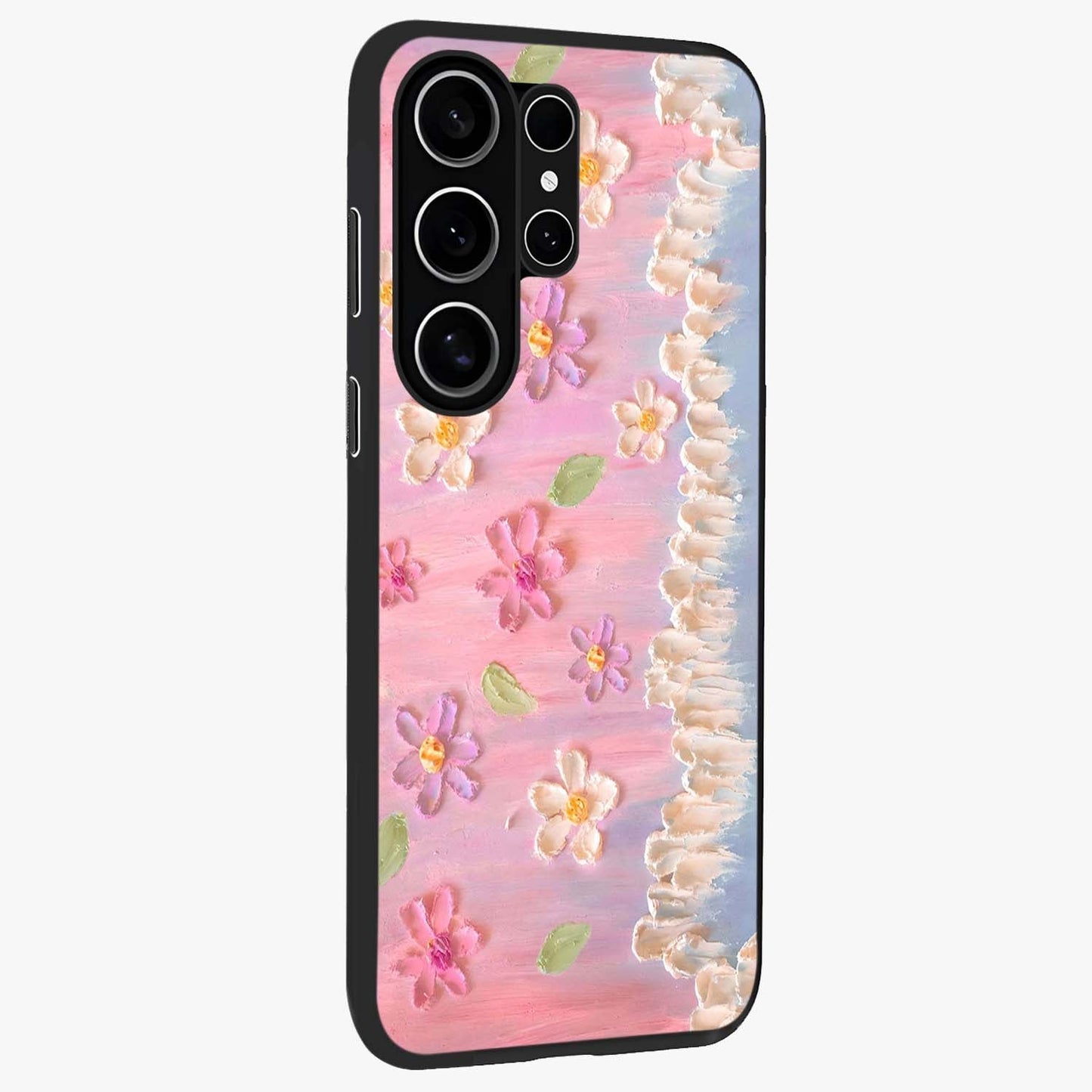Dreamy Painted Garden Glass Case upright view showcasing vibrant floral garden artwork with artistic nature theme.