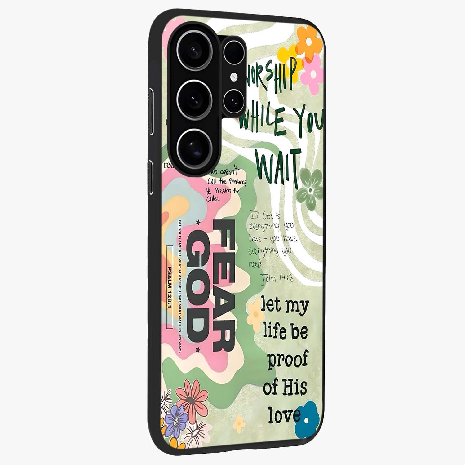 Faith Over Fear Glass Case upright view showcasing bold typography artwork with uplifting motivational theme.