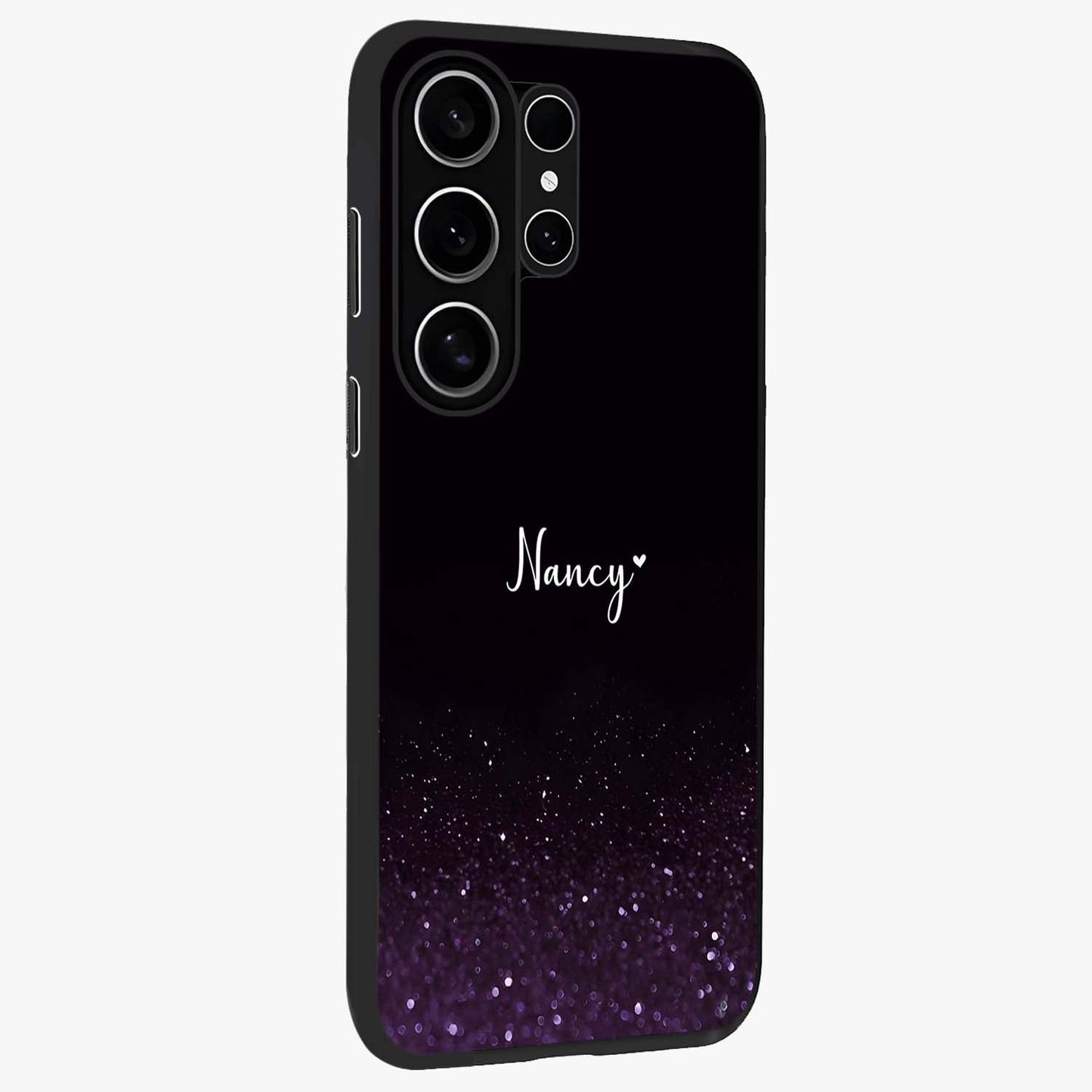 Glittery Purple Bokeh Custom Name Glass Case upright view showcasing vibrant purple sparkle artwork with personalized aesthetic style.