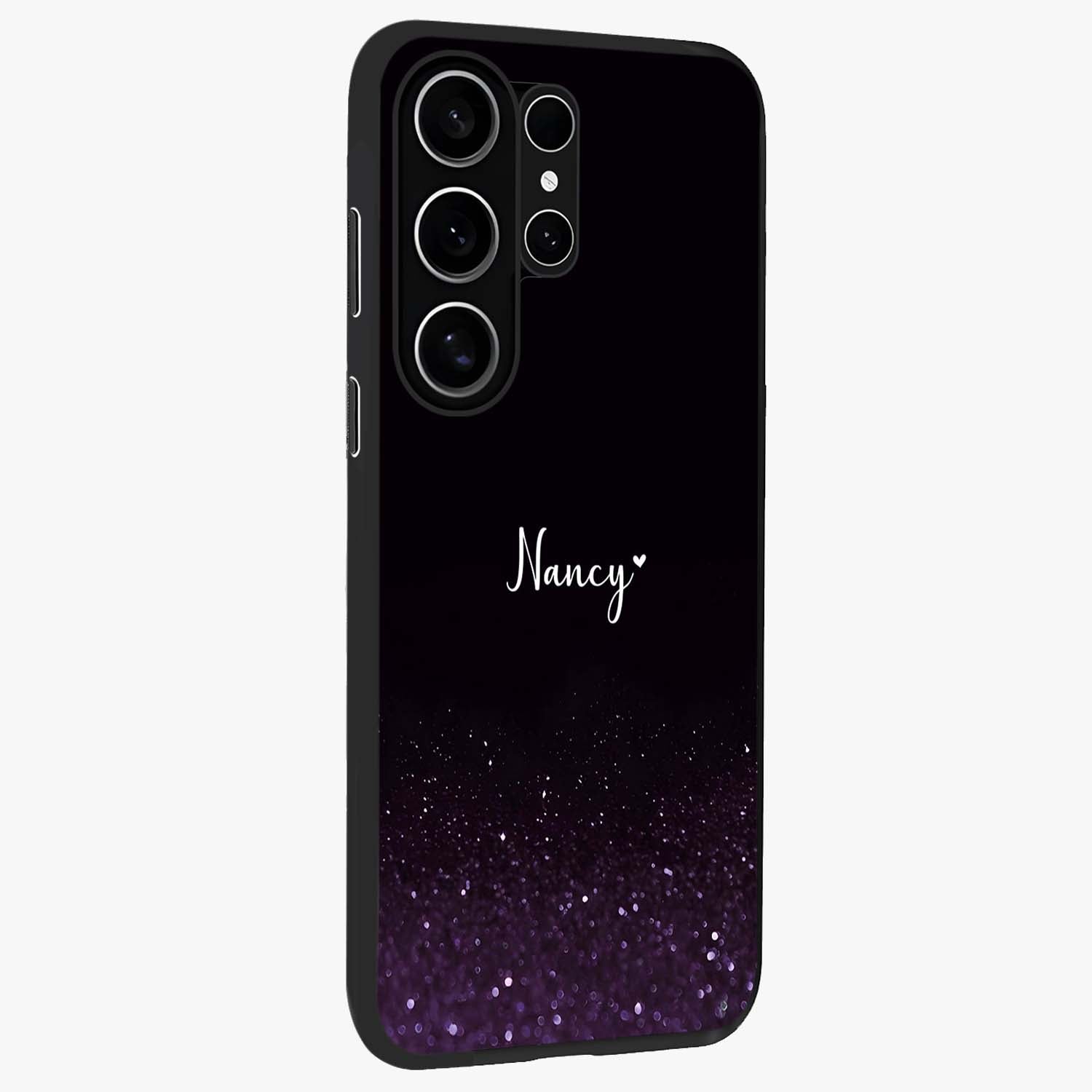 Glittery Purple Bokeh Custom Name Glass Case upright view showcasing vibrant purple sparkle artwork with personalized aesthetic style.