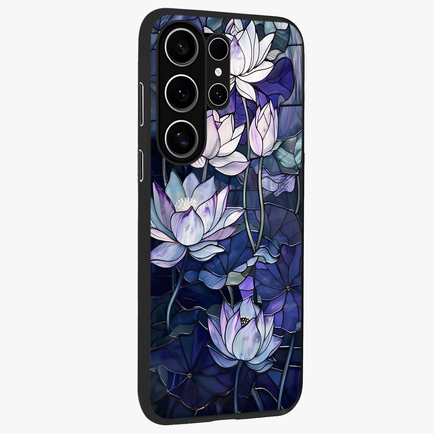 Gloss Petal Rush Glass Case upright view showcasing dynamic floral petal artwork with modern botanical theme.