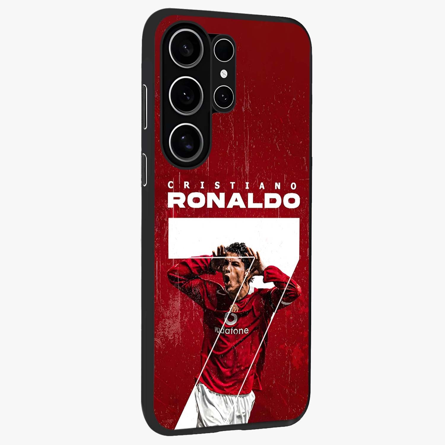 Goal Celebration Legacy Glass Case upright view showcasing dynamic football inspired artwork with victory celebration aesthetic.
