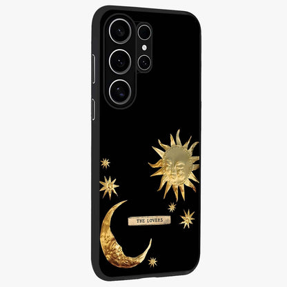 Gold Sun Blush Glass Case upright view showcasing glowing sun artwork with elegant celestial theme.