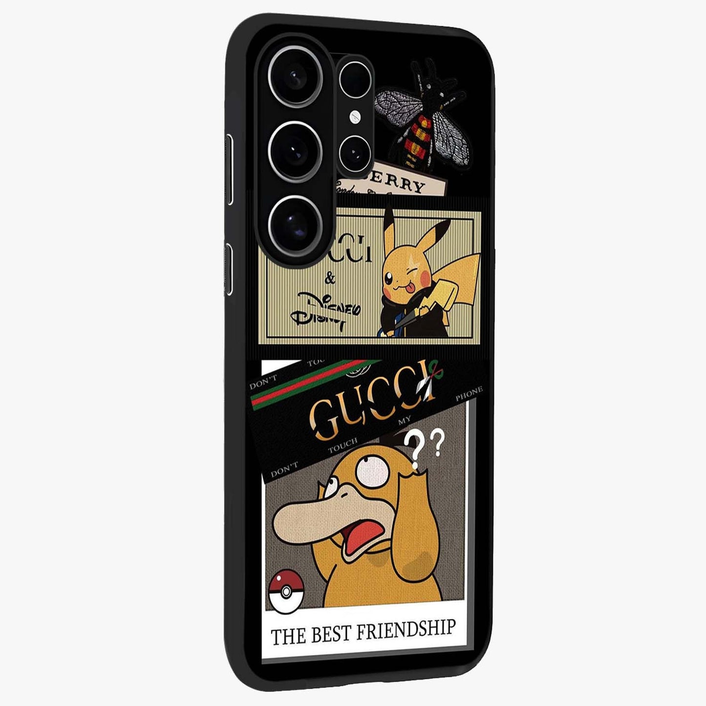 Gucci Play Mashup Glass Case upright view showcasing trendy luxury inspired artwork with modern fashion theme.