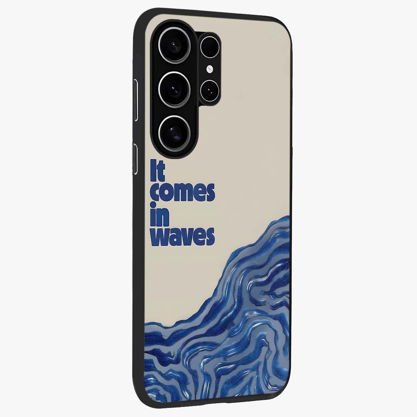 It Comes In Waves Quote Glass Case upright view showcasing calm wave artwork with motivational quote theme.