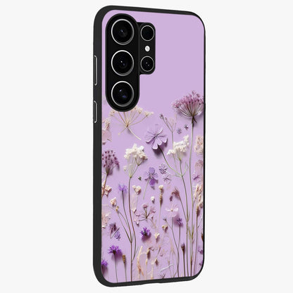 Lavender Blossom Dream Glass Case upright view showcasing delicate lavender blossom artwork with peaceful floral theme.