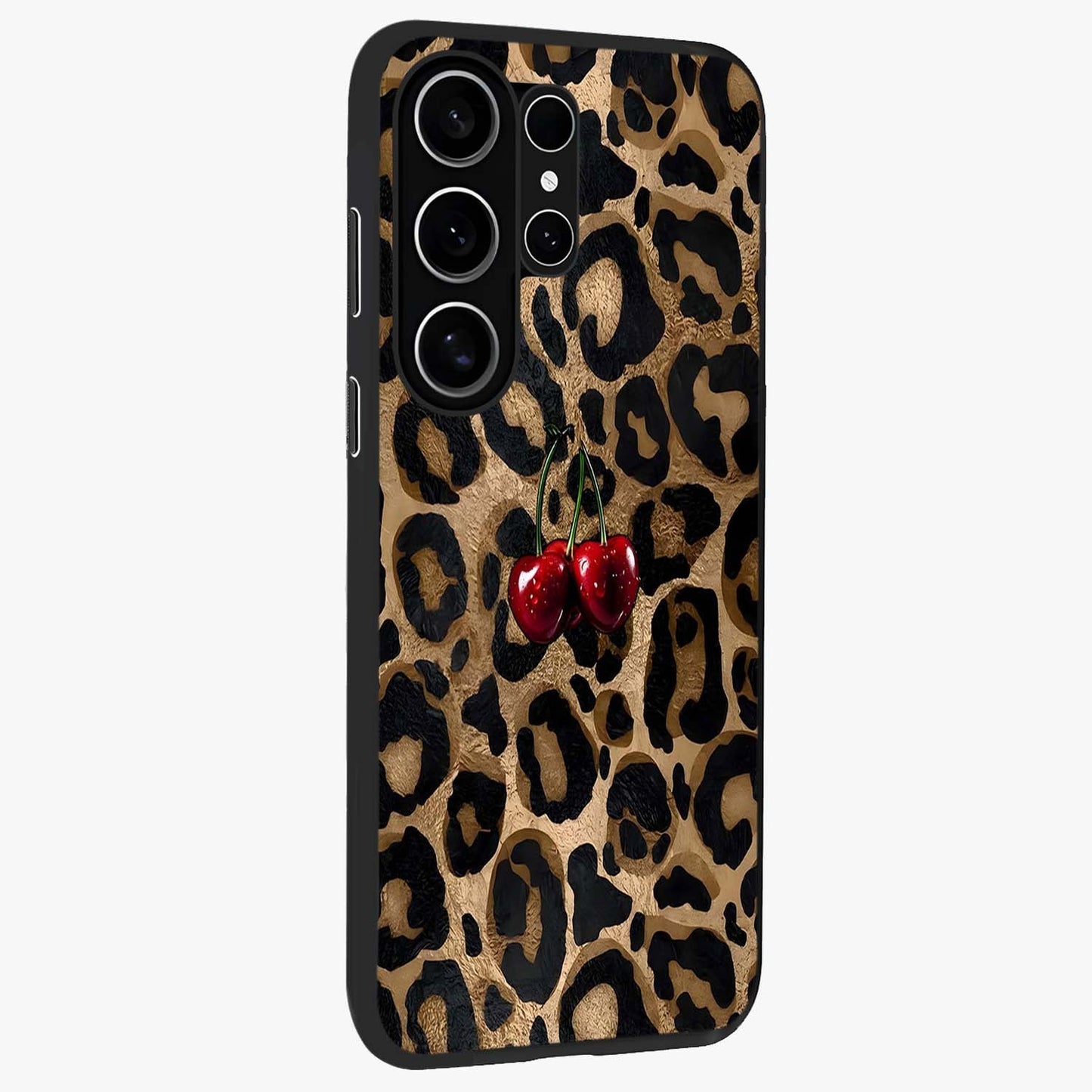 Leopard Wild Cherry Glass Case upright view showcasing stylish leopard pattern artwork with trendy fashion theme.