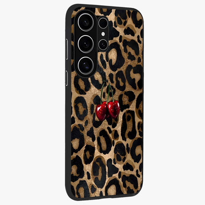 Leopard Wild Cherry Glass Case upright view showcasing stylish leopard pattern artwork with trendy fashion theme.
